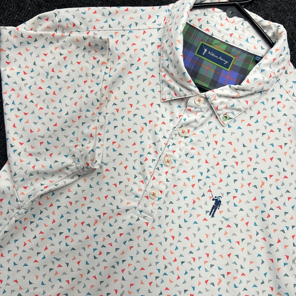 William Murray Golf Polo Mens Large White Golf Flag Print Performance Shirt 2588